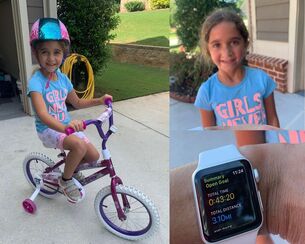 Collage of Scarlett completing her challenge. Left pic Scarlett sitting on bike smiling at camera, Top right pic Scarlett smiling at the camera and bottom right pic, apple watch showing her time.