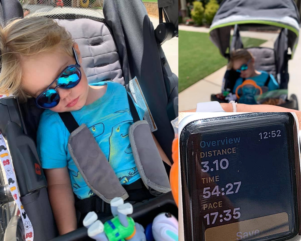 Collage of Jett's 5k. Jett sleeping in stroller with sunglasses on next to a close up apple watch reading Distance 3.1, Time 54:27, Pace 17:35